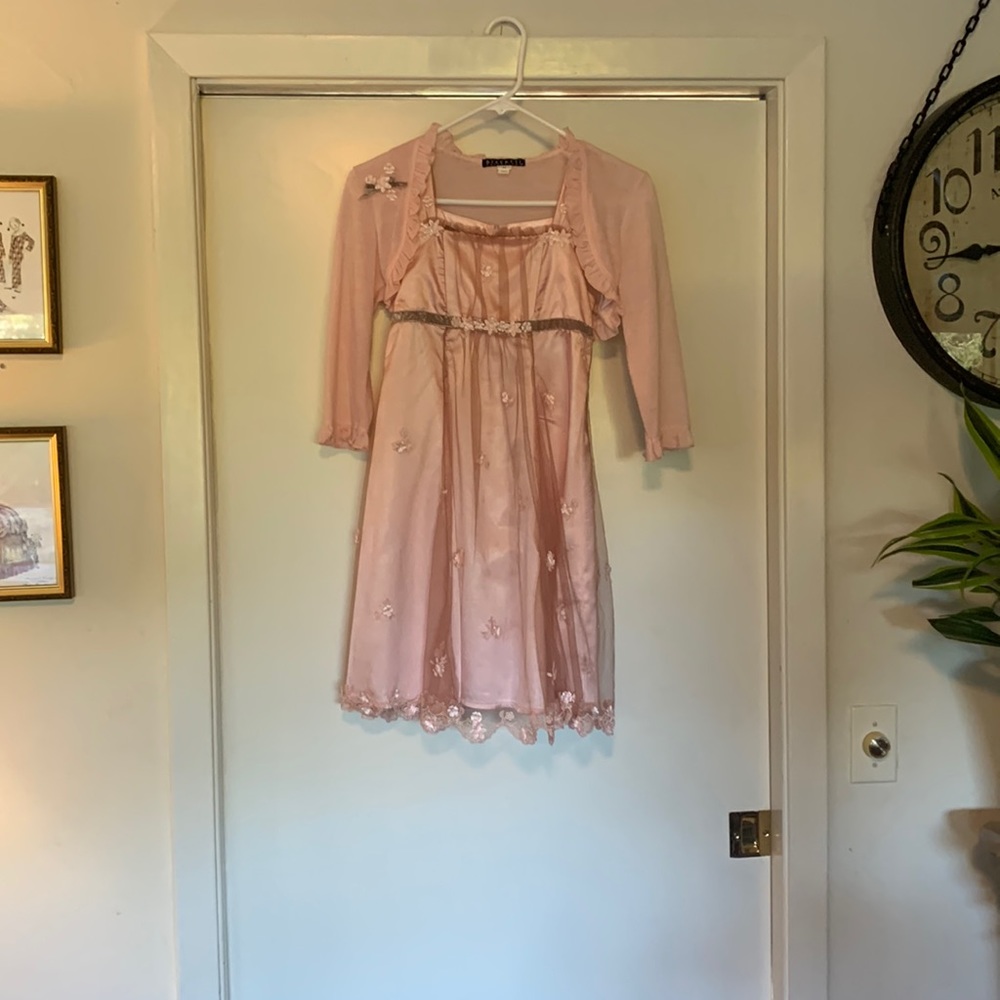 Two-Piece Elegant Delicate Satin and Lace Children’s Dress and Cropped Shrug